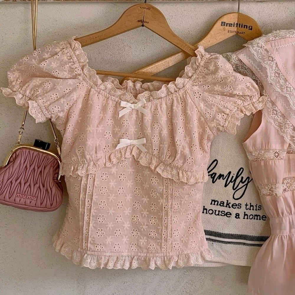 Japanese Kawaii Cottage Peach Pink Eyelet Ruffle Bow Ribbon Blouse Shirt Top